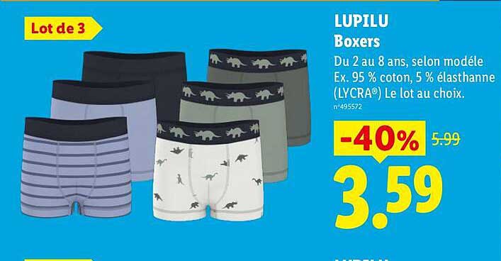LUPILU Boxers Du 2 au 8 ans, selon modèle Ex. 95 % coton, 5 % elasthanne (LYCRA®) Le lot au choix.