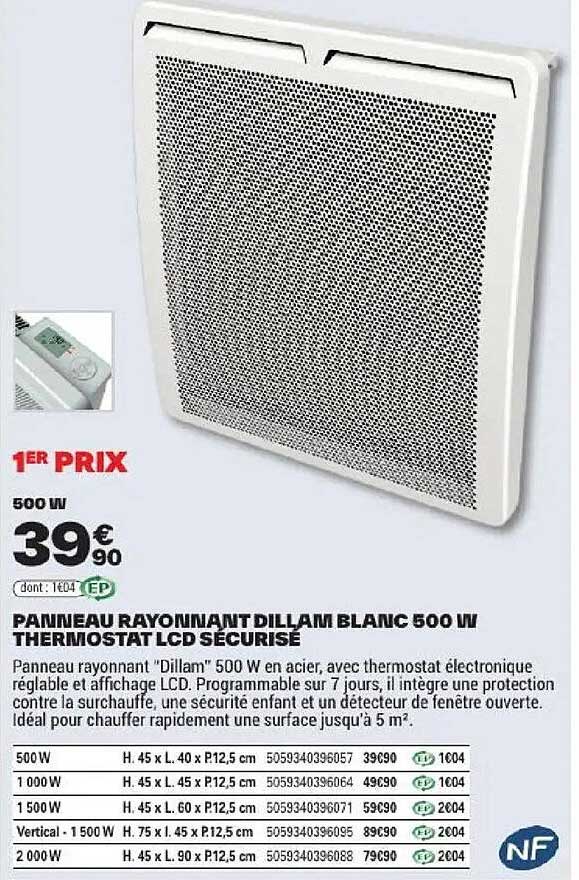 PANNEAU RAYONNANT DILLAM BLANC 500 W THERMOSTAT LCD SECURISE
