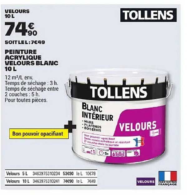 PEINTURE ACRYLIQUE VELOURS BLANC 10 L