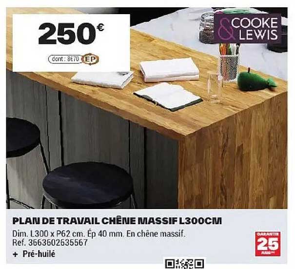 PLAN DE TRAVAIL CHÊNE MASSIF L300CM