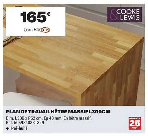 PLAN DE TRAVAIL HÊTRE MASSIF L300CM