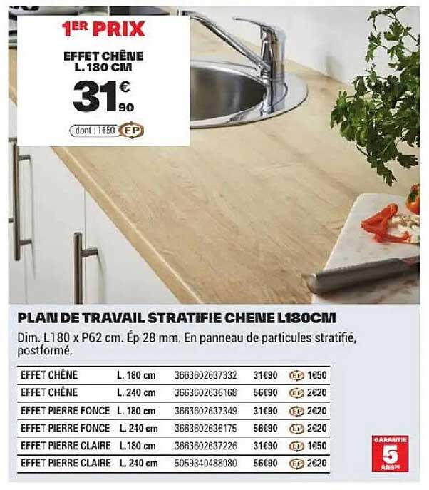 PLAN DE TRAVAIL STRATIFIÉ CHÊNE L180CM