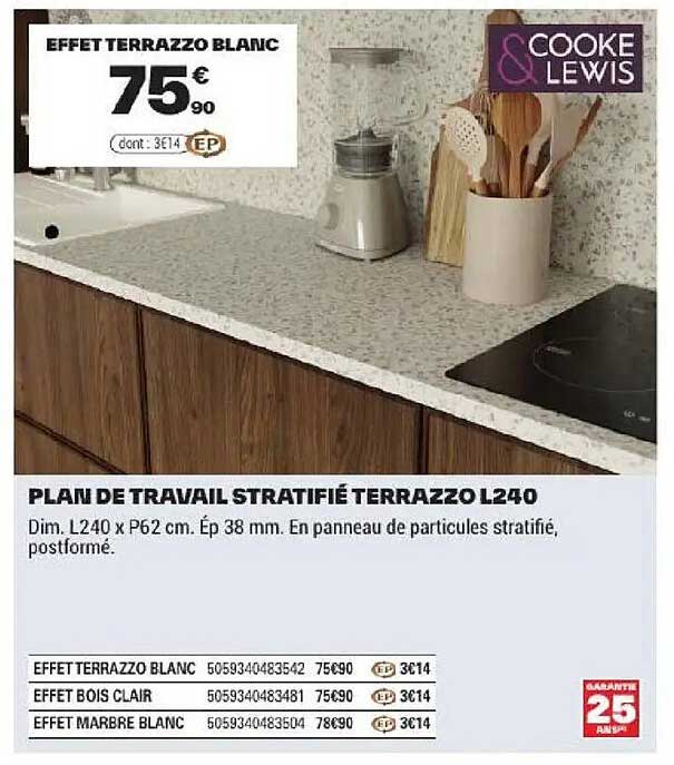 PLAN DE TRAVAIL STRATIFIÉ TERRAZZO L240