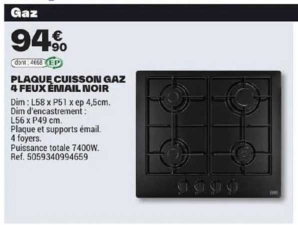 PLAQUE CUISSON GAZ 4 FEUX EMAIL NOIR