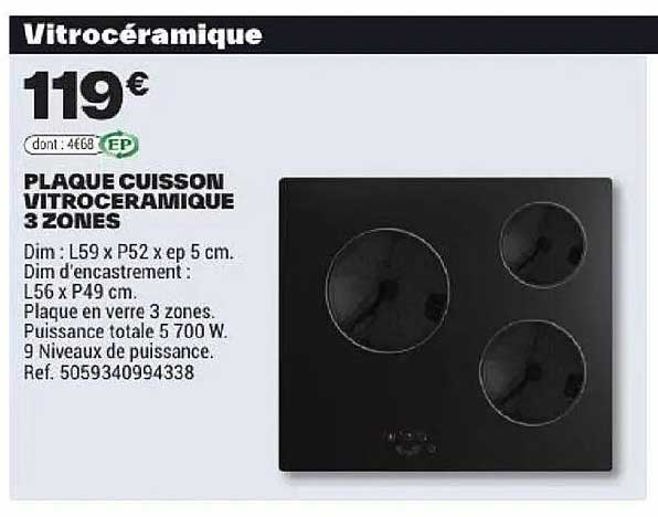 PLAQUE CUISSON VITROCÉRAMIQUE 3 ZONES