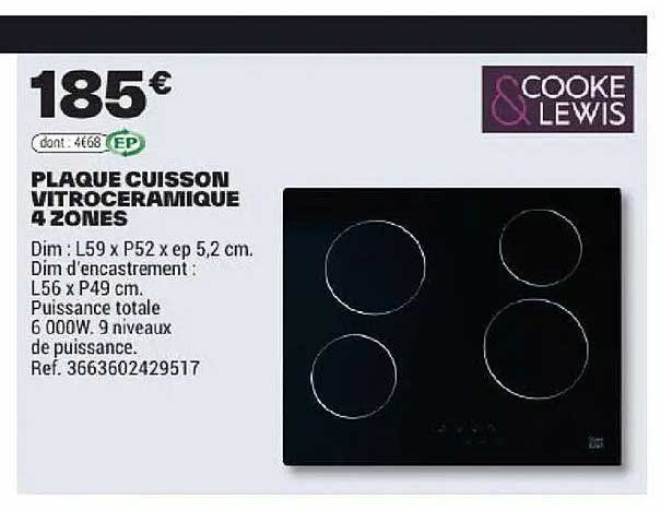 PLAQUE CUISSON VITROCERAMIQUE 4 ZONES