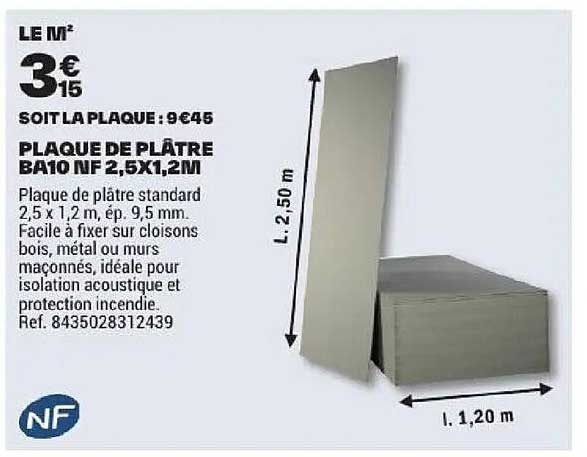 PLAQUE DE PLÂTRE BA10 NF 2,5X1,2M