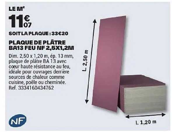 PLAQUE DE PLÂTRE BA13 FEU NF 2,5X1,2M