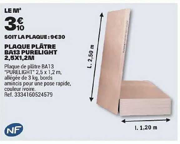 PLAQUE PLÂTRE BA13 PURELIGHT 2,5X1,2M