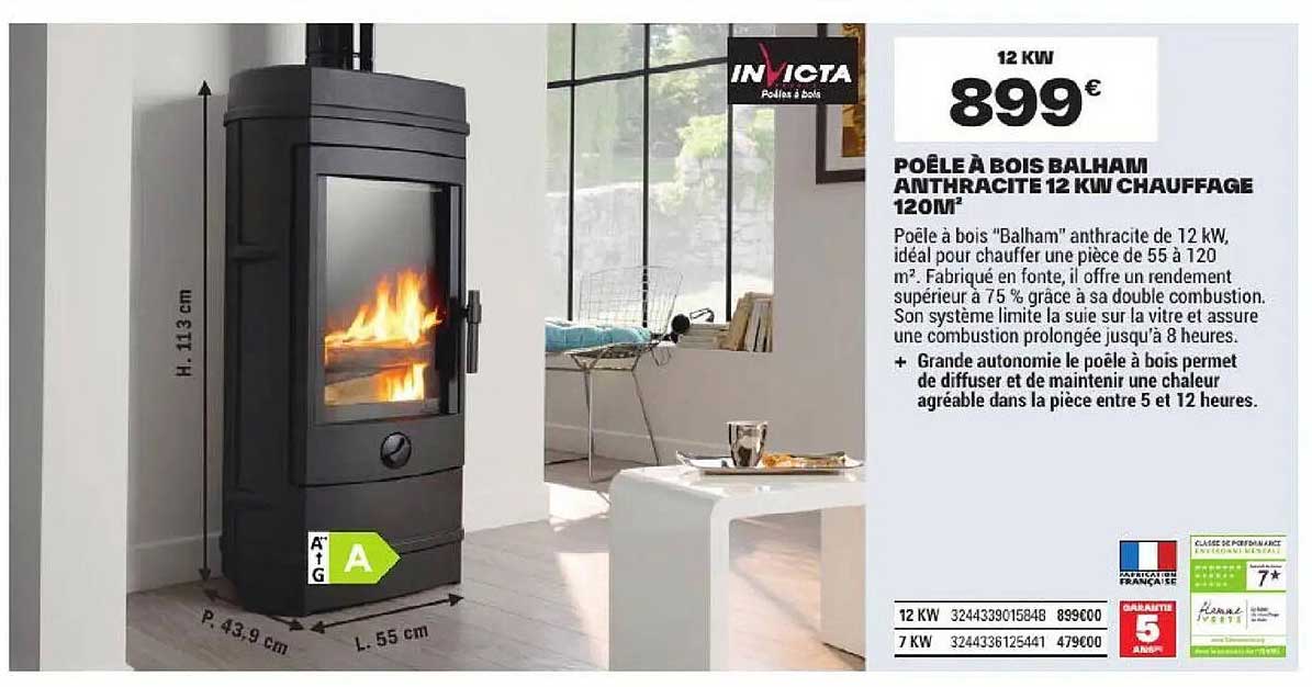 POÊLE À BOIS BALHAM ANTHRACITE 12 KW CHAUFFAGE 120M²