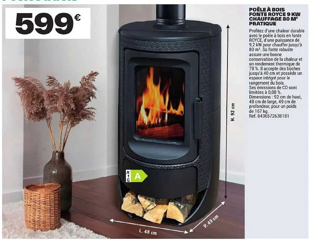POÊLE À BOIS FONTE ROYCE 9 KW CHAUFFAGE 80 M² PRATIQUE