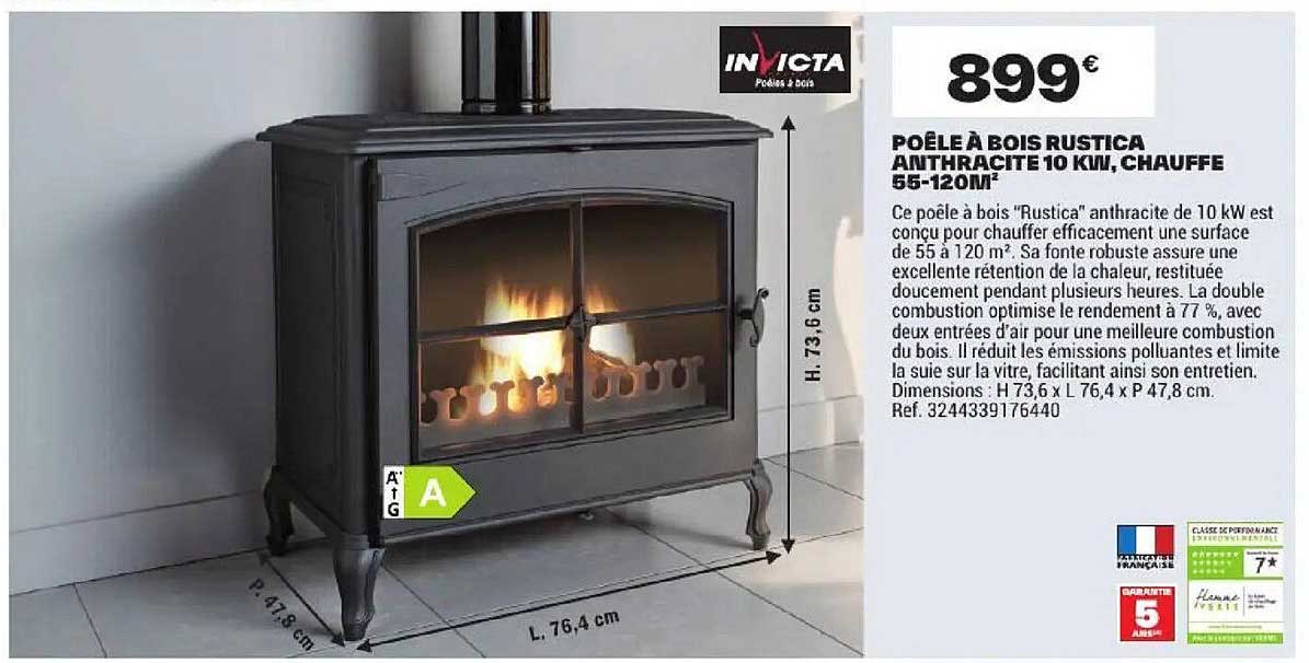 POÊLE À BOIS RUSTICA ANTHRACITE 10 KW, CHAUFFE 55-120M²