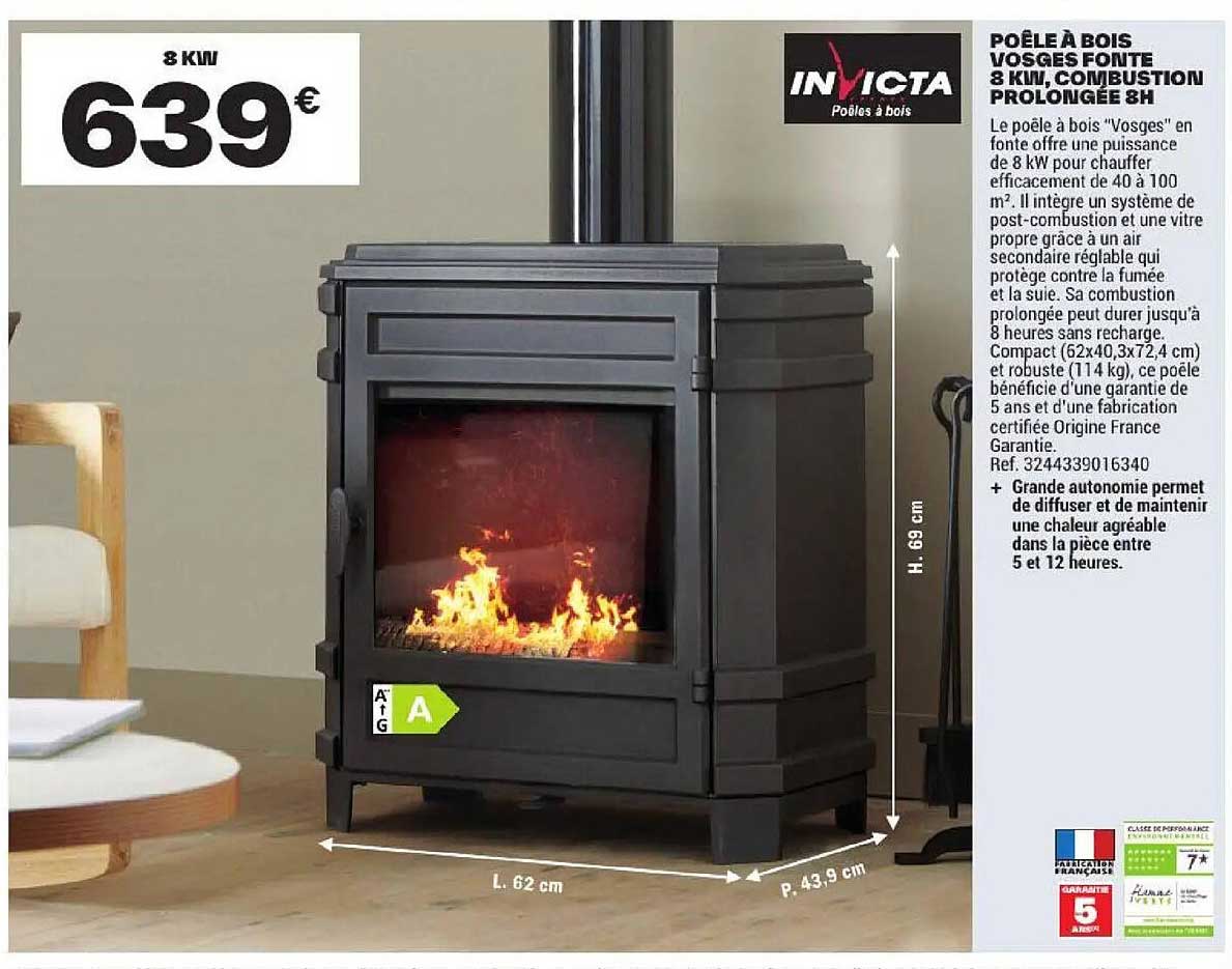 POÊLE À BOIS VOSGES FONTE 8 KW, COMBUSTION PROLONGÉE 8H