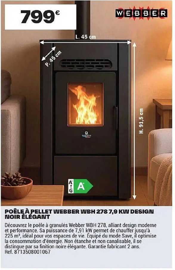 POÊLE À PELLET WEBBER WBH 278 7,9 KW DESIGN NOIR ÉLÉGANT