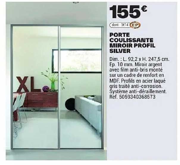 PORTE COULISSANTE MIROIR PROFIL SILVER
