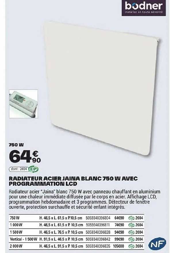 RADIATEUR ACIER JAINA BLANC 750 W AVEC PROGRAMMATION LCD