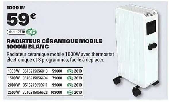 RADIATEUR CÉRAMIQUE MOBILE 1000W BLANC