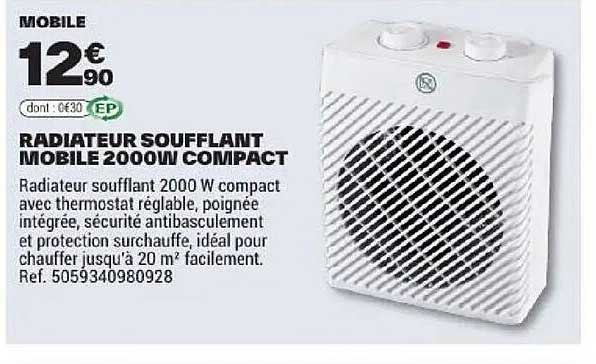 RADIATEUR SOUFFLANT MOBILE 2000W COMPACT