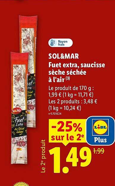 SOL&MAR Fuet extra, saucisse sèche séchée à l'air