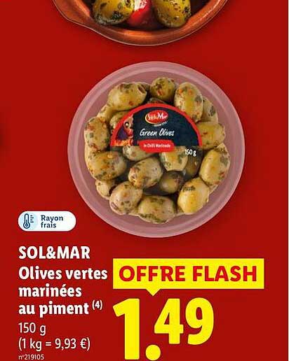 SOL&MAR Olives vertes marinées au piment (4) 150 g (1 kg = 9,93 €)