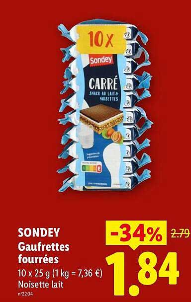 SONDEY Gaufrettes fourrées 10 x 25 g (1 kg = 7,36 €) Noisette lait n°224