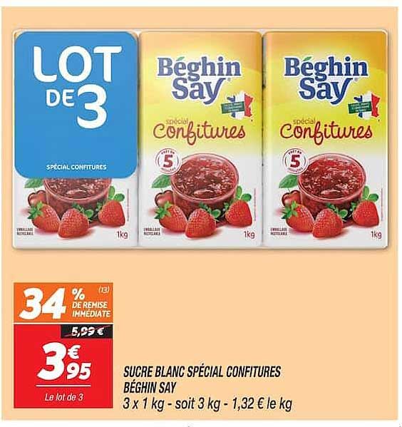 SUCRE BLANC SPÉCIAL CONFITURES BÉGHIN SAY 3 x 1 kg - soit 3 kg - 1,32 € le kg