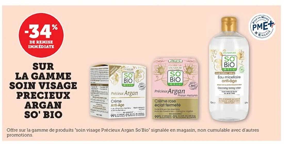 -34% de remise immédiate sur la gamme soin visage Précieux Argan So'Bio