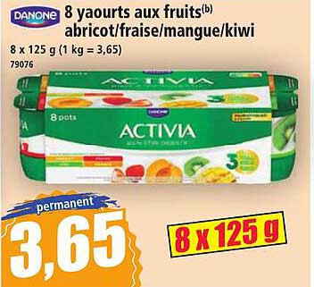 8 yaourts aux fruits(b) abricot/fraise/mangue/kiwi