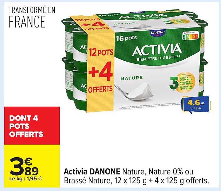 Activia DANONE Nature, Nature 0% ou Brassé Nature, 12 x 125 g + 4 x 125 g offerts.