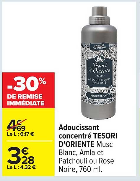 Adoucissant concentré TESORI D'ORIENTE Musc Blanc, Amla et Patchouli ou Rose Noire, 760 ml.