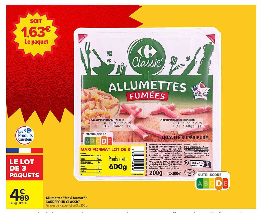 Allumettes Fumées "Maxi format LOT de 3" Carrefour Classic