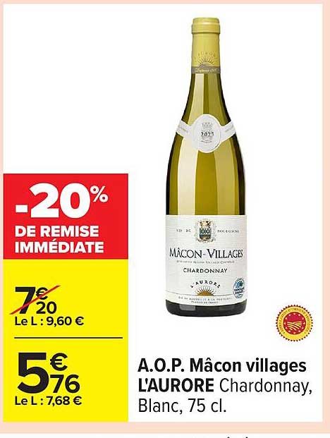 A.O.P. Mâcon villages L'Aurore Chardonnay, Blanc, 75 cl