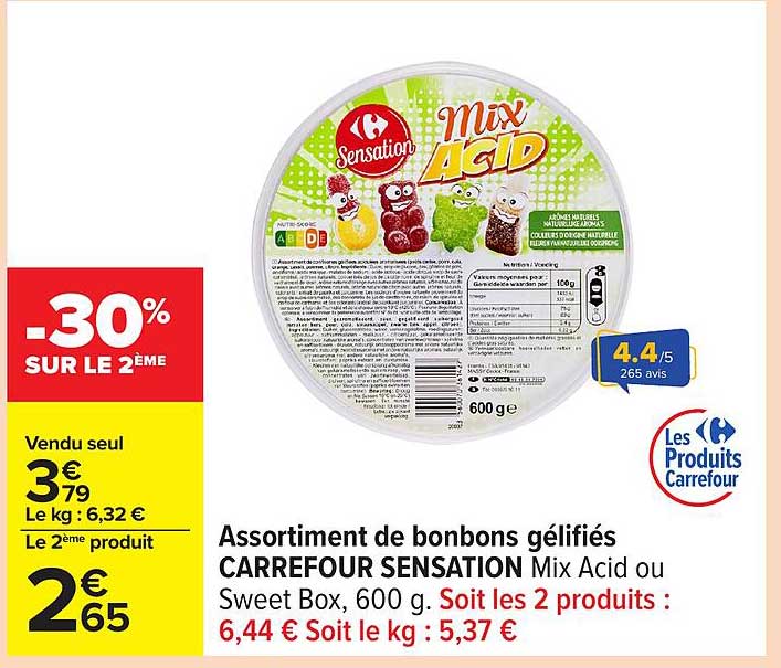 Assortiment de bonbons gélifiés CARREFOUR SENSATION Mix Acid ou Sweet Box, 600 g.