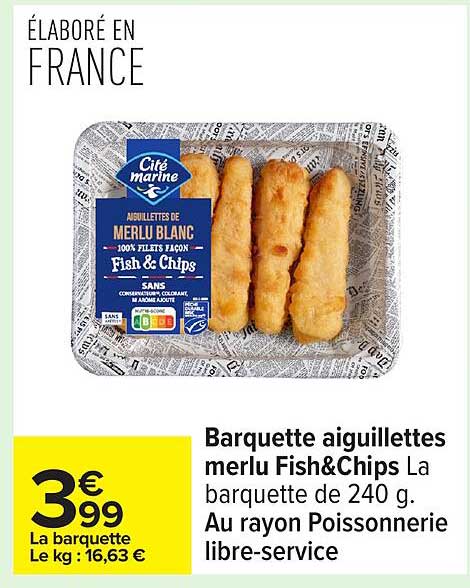 Barquette aiguillettes merlu Fish&Chips La barquette de 240 g.