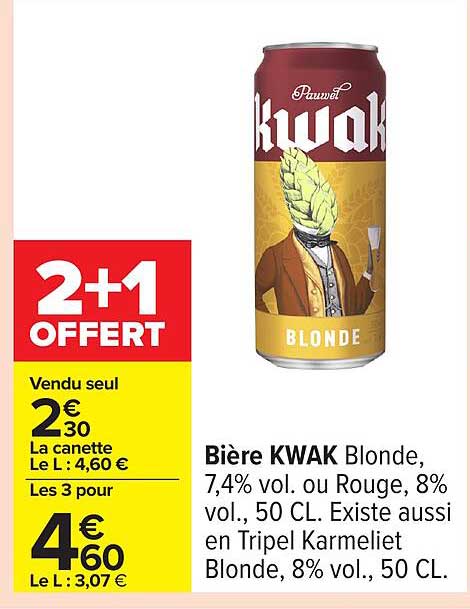 Bière KWAK Blonde, 7,4% vol. ou Rouge, 8% vol., 50 CL.