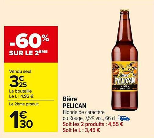 Bière PELICAN - Blonde de caractère ou Rouge, 7,5% vol., 66 cl.