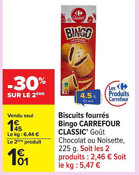 Biscuits fourrés Bingo CARREFOUR CLASSIC' Goût Chocolat ou Noisette, 225 g