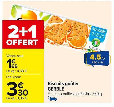 Biscuits goûter GERBLÉ Écorces confites ou Raisins, 360 g