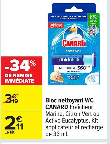 Bloc nettoyant WC CANARD Fraîcheur Marine, Citron Vert ou Active Eucalyptus, Kit applicateur et recharge de 36 ml.