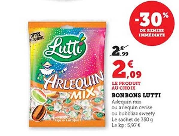 Bonbons Lutti Arlequin mix ou arlequin cerise ou bubblez sweet
