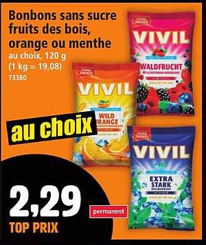 Bonbons sans sucre fruits des bois, orange ou menthe