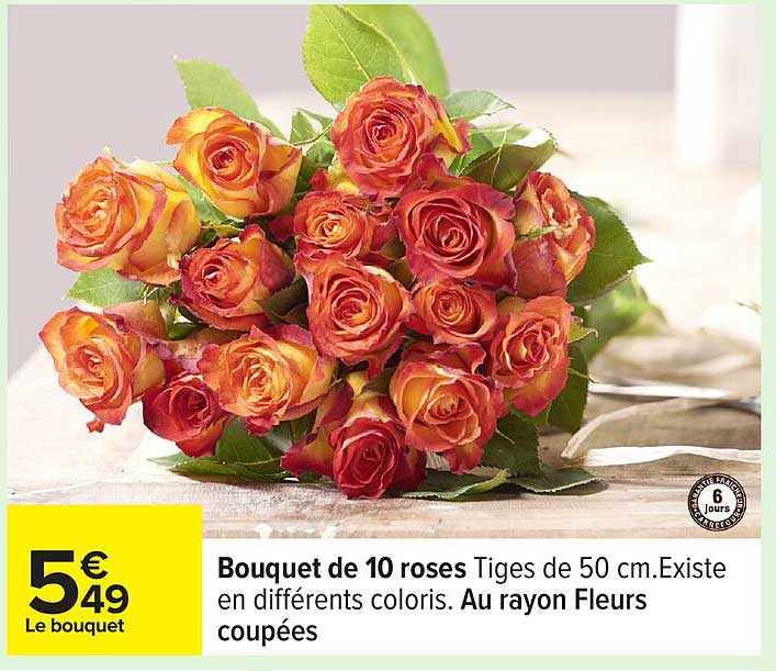Bouquet de 10 roses Tiges de 50 cm. Existe en différents coloris.