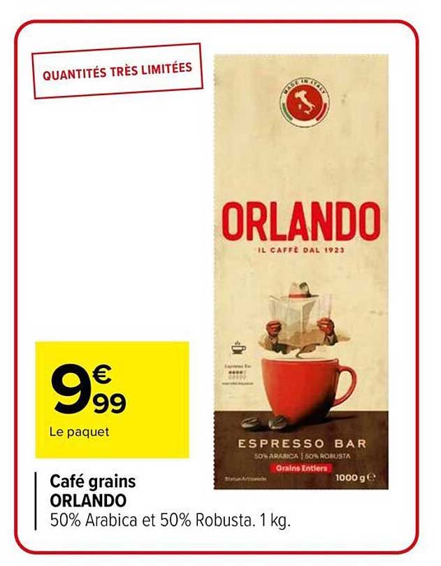 Café grains ORLANDO 50% Arabica et 50% Robusta. 1 kg.