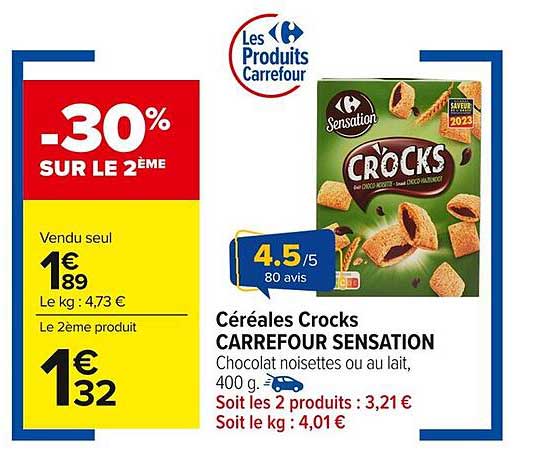 Céréales Crocks CARREFOUR SENSATION Chocolat noisettes ou au lait, 400 g