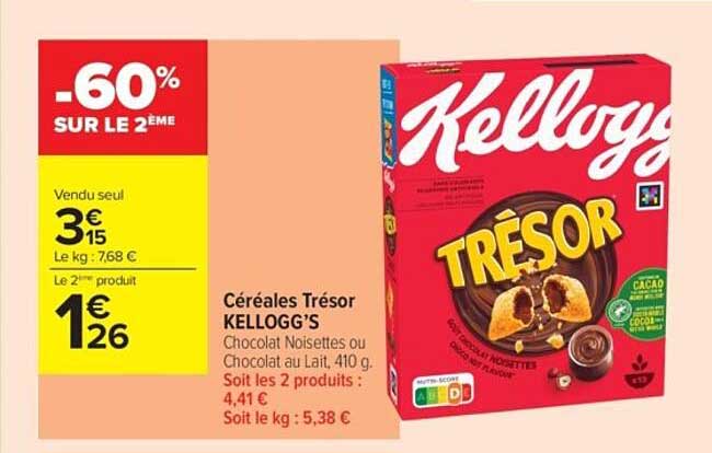 Céréales Trésor KELLOGG'S Chocolat Noisettes ou Chocolat au Lait, 410 g
