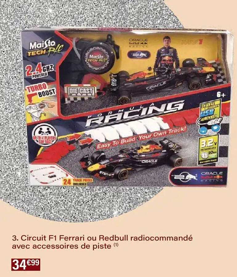 Circuit F1 Ferrari ou Redbull radiocommandé avec accessoires de piste