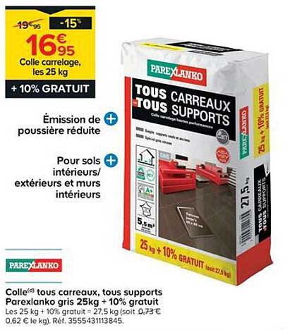 Colle carrelage, les 25 kg + 10% GRATUIT
