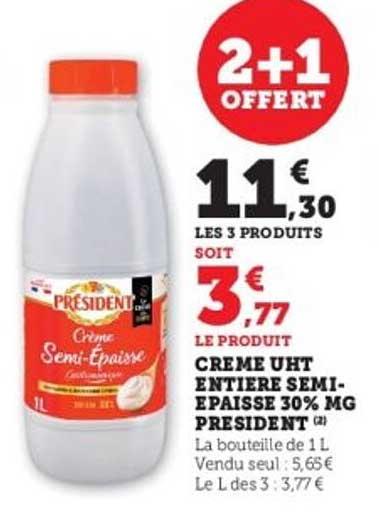 CRÈME UHT ENTIERÉE SEMI-ÉPAISSE 30% MG PRÉSIDENT