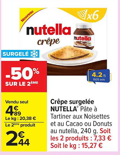 Crêpe surgelée NUTELLA® Pâte à Tartiner aux Noisettes et au Cacao ou Donuts au Nutella, 240 g