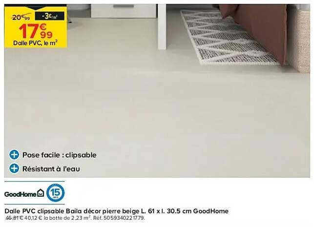 Dalle PVC clipsable Baila décor pierre beige L. 61 x l. 30.5 cm GoodHome